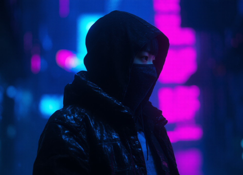 Futuristic hacker in dystopian
